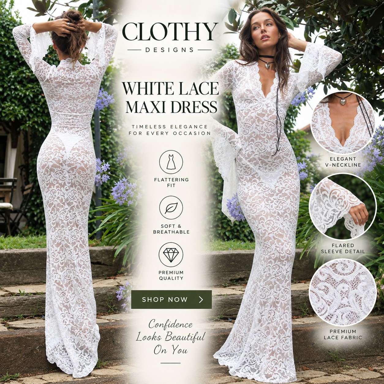 Women's Lace Hollow Out Maxi Dress – Sheer V-Neck Flare Sleeve Elegant Party & Club Dress